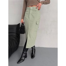 Zeo Basic Kargo Cepli Ön Yırtmaçlı Green Denım Etek