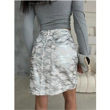 Zeo Basic Varak Baskılı Mini Etek Gümüş Kamuflaj