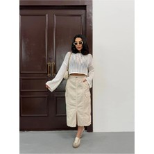 Zeo Basic Paraşüt Kumaş Bel ve Paça Lastik ve Kargo Cep Detaylı Midi Etek