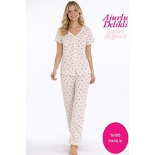 Seamlife Kadın Beyaz Kiraz Desenli Yakasız Önden Düğmeli %100 Pamuk Penye Ajurlu/Delikli Kısa Kol Pijama Takımı