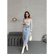 Zeo Basic Kadın Maxı Boy Ön Yırtmaç Detaylı Buz Mavi Kot Etek