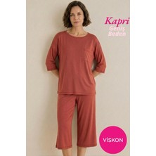 Seamlife Homewear Kadın Turuncu Düğmesiz Geniş Yaka Göğüs Cepli Viskon Kısa Kol Kapri Pijama Takımı-Anne Kalıp Fakir Kol Bermuda