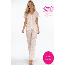 Seamlife Kadın Beyaz Çiçek Desenli Yakasız Önden Düğmeli %100 Pamuk Penye Ajurlu/Delikli Kısa Kol Pijama Takımı