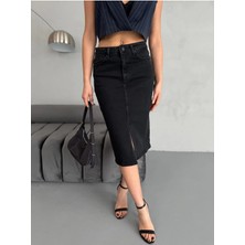 Zeo Basic Yırtmaçlı Midi Boy Likralı  Jean Etek