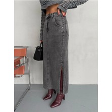 Zeo Basic Yanlardan Yırtmaçlı Füme Jean Maxı Etek