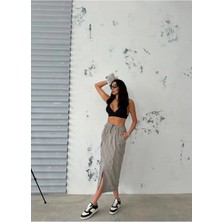 Zeo Basic Paraşüt Kumaş Midi Etek Gri Bel ve Paça Lastikli Kargo Cepli