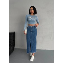 Zeo Basic Maxı Boy Koyu Mavi Denım Etek