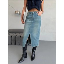 Zeo Basic Kadın Midi Boy Ön Yırtmaçlı Tint Mavi Kot Etek