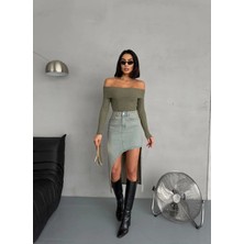 Zeo Basic Yan Yırtmaçlı Tint Maxı Denım Etek