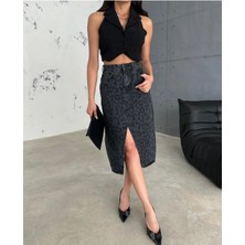 Zeo Basic Leopar Desenli Midi Etek