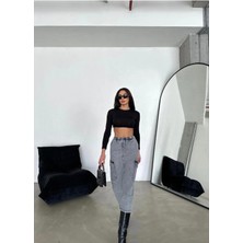 Zeo Basic Kargo Cepli Bel Lastikli Maxi Denim Etek Füme