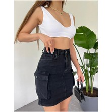 Zeo Basic Kargo Cep Detaylı Mini Denim Etek