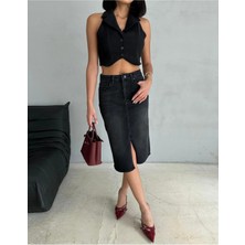 Zeo Basic Yırtmaçlı Midi Boy Likralı  Jean Etek
