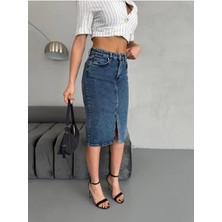 Zeo Basic Yırtmaçlı Midi Boy Likralı Jean Etek