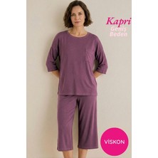 Seamlife Homewear Kadın Mürdüm Düğmesiz Geniş Yaka Göğüs Cepli Viskon Kısa Kol Kapri Pijama Takımı-Anne Kalıp Fakir Kol Bermuda