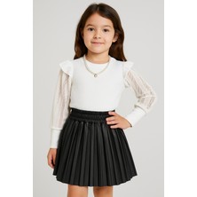 NayStyle Kız Çocuk Deri Görünümlü Pileli Etek ve Fırfırlı File Detaylı Bluz Kolye Hediyeli 3'lü Takım