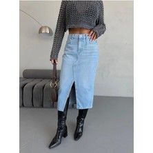 Zeo Basic Kadın Midi Boy Ön Yırtmaçlı Fresh Mavi Kot Etek