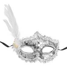 Marsilyan Gümüş Payetli Pullu Beyaz Renk Yandan Tüylü Parti Maskesi 18X22 cm