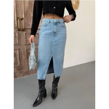 Zeo Basic Kadın Midi Boy Ön Yırtmaçlı Açık Mavi Kot Etek