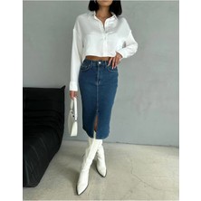 Zeo Basic Yırtmaçlı Midi Boy Likralı Jean Etek