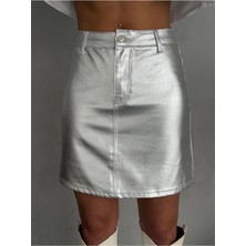 Zeo Basic Gümüş Varak Baskılı Mini Etek