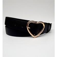 Kemerix Siyah Kadın Kemer Kalp Tokalı Gold Toka 2,5 cm İnce Tasarım ile Şık Kullanım