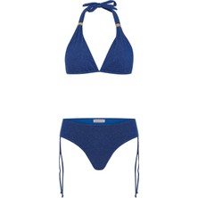 Aquella Gümüş Simli Dokulu Saks Mavi Uzun Üçgen Bikini Takım