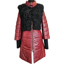 Asus Deri -Kıvırcık Kürk Detaylı Hakiki Deri Bordo Kadın Ceket