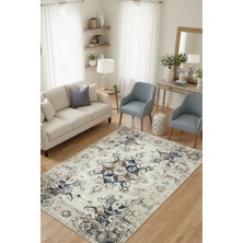 The Reef Design Vintage Bej Lacivert Klasik Madalyon Desenli Dijital Baskılı Kaymaz Tabanlı Yıkanabilir Salon Halısı