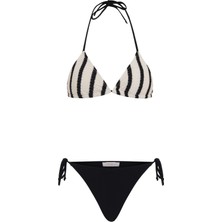 Aquella Ekru Siyah Çizgili Triko Üçgen Bikini Takım Kadın Yaz Tatili Plaj Stili