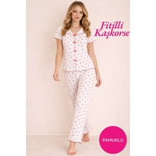 Çağrı Homewear Kadın Kırmızı Kalp Desenli Fiyonk Detay Kayık Yaka Düğmesiz Fitilli Kaşkorse Kumaş Pamuklu Kısa Kol Pijama Takımı