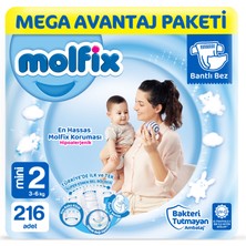 Molfix Bantlı Bebek Bezi 2 Beden Mini 0 - 3 kg 216 Adet Mega Avantaj Paketi