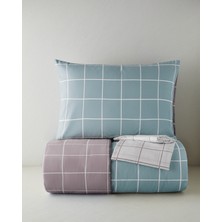 English Home Gridline Kolay Ütülenir Çarşaflı Tek Kişilik Nevresim Takımı 160x220 cm Seledon-Mürdüm