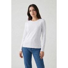 Defy's Fokus Kadın Nefes Alan %100 Pamuk Doğal Kumaş Rahat kalıp Bisiklet Yaka Uzun Kollu Beyaz Basic Tişört