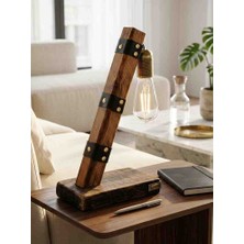 Yediotuz Digital Pazarlama Retro Wood El Yapımı Rustik Masa Lambası – Gerçek Deri Detaylı (Edison Ampul Dahil