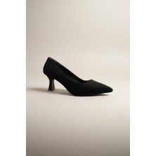 Modayak Zarif Siyah Süet  Ince  Topuk Sivri Burun Topuklu Ayakkabı