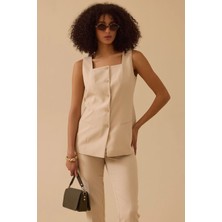 Seçil Kadın Kare Yaka Düğmeli Yelek - Bej