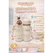 Shotay Termos Matara 330 ml + 330 ml Çift Hazneli 316 Çelik Pipetli Krem – SHT-ST-8905