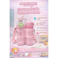 Shotay Termos Matara 330 ml + 330 ml Çift Hazneli 316 Çelik Pipetli Pembe – SHT-ST-8905