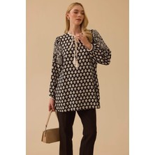 Seçil Kadın Desenli Bağlama Detaylı Tunik - Siyah