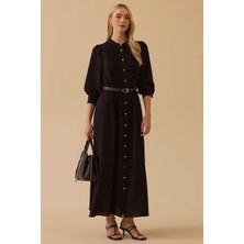 Seçil Kadın Hakim Yaka Kemerli Uzun Elbise - Siyah