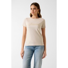 Guess Kadın Jersey Boxy Fit T-Shirt - Krem
