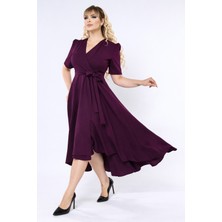 Ruris Mürdüm Kruvaze Yaka Asimetrik Sarmal Etek Kısa Kollu Kuşaklı Midi Boy Büyük Beden Abiye Elbise