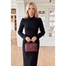Zishan Fashion Kadın Gömlek Yaka Uzun Kollu Midi Boy Elbise - Ofis Şıklığı Dar Kesim 12407
