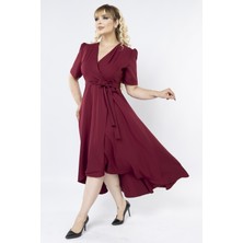 Ruris Bordo Kruvaze Yaka Asimetrik Kesim Sarmal Etek Kısa Kollu Kuşaklı Midi Boy Büyük Beden Abiye Elbise