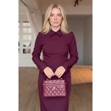 Zishan Fashion Kadın Gömlek Yaka Uzun Kollu Midi Boy Elbise - Ofis Şıklığı Dar Kesim 12407