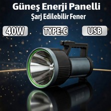 Badem10 Güneş Panelli Şarjlı El Feneri 40 W USB Type C Şarjlı Güçlü LED Kamp Feneri Uzun Menzilli Projektör