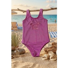 Elayza Press Baskı Kabartma Palmiye ve Pelikan Desenli Taşlarla Bezeli Likralı Kız Çocuk Mayo