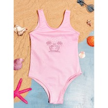 Elayza Press Baskı Kabartma Palmiye ve Pelikan Desenli Taşlarla Bezeli Likralı Kız Çocuk Mayo