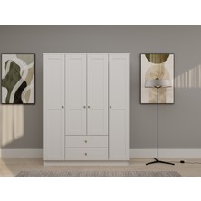 Spring 4 Kapaklı Gardırop - Mat Beyaz - Çekmeceli - Raflı - Boyalı Kapak